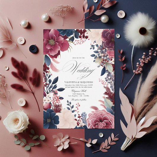 Invitation Mariage floral de la Bourgogne, de la Marine et du