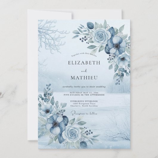 Invitation Mariage Floral de la Forêt Bleu Ardoise (Devant)