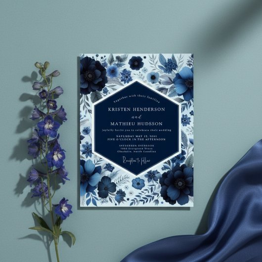 Invitation Mariage Floral de la Forêt Navy