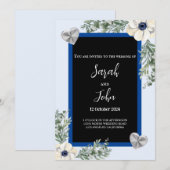 Invitation Mariage floral de la marine bleu et argent élégant (Devant / Derrière)