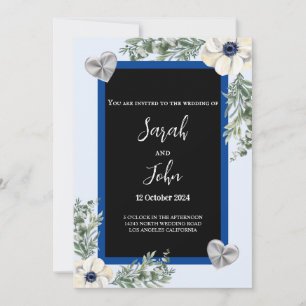 Invitation Mariage floral de la marine bleu et argent élégant