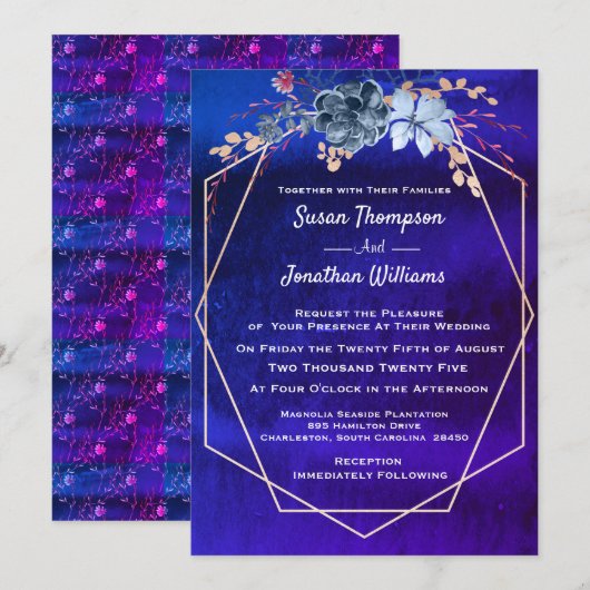 Invitation Mariage floral de la marine géométrique (Devant / Derrière)