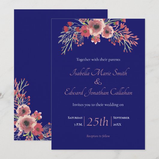 Invitation Mariage floral de la marine moderne Blue Coral Peo (Devant / Derrière)