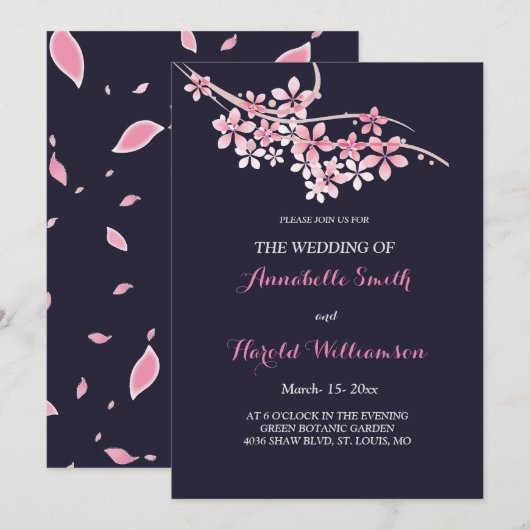 Invitation Mariage floral de la marine rose cerisier (Devant / Derrière)