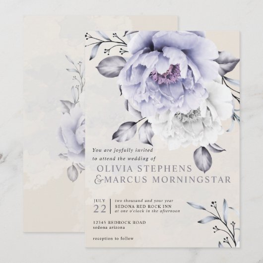 Invitation Mariage | Floral de Lilac rustique et d'Albâtre (Devant / Derrière)