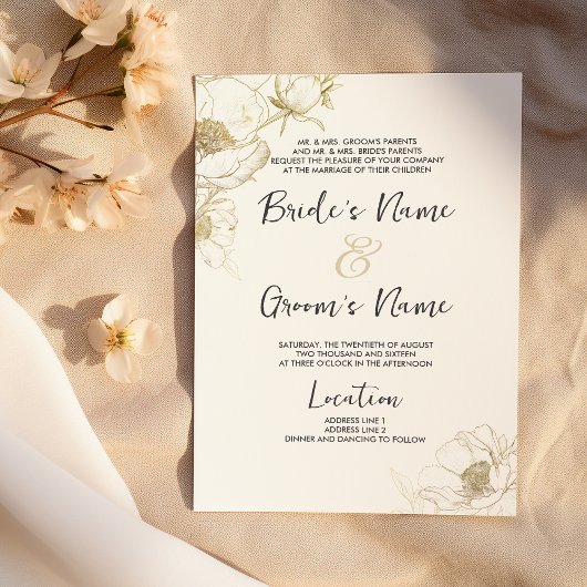 Invitation Mariage floral de luxe simple or blanc peony