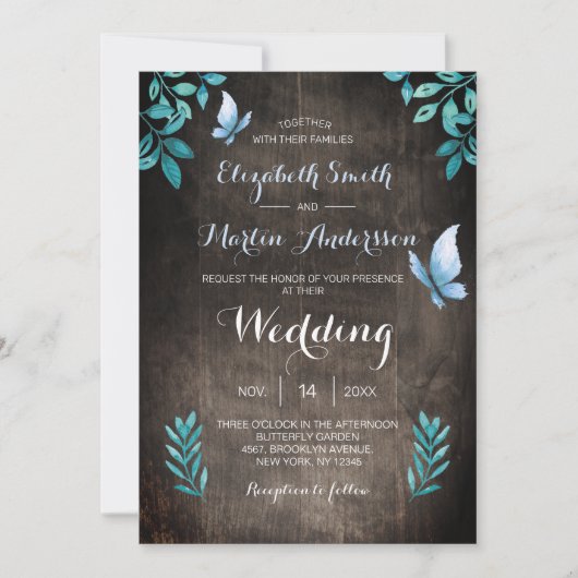 Invitation Mariage floral de papillon bleu rustique (Devant)