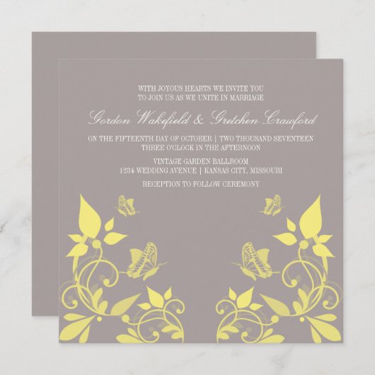 Invitation Mariage floral de papillon jaune Inviter (Devant / Derrière)