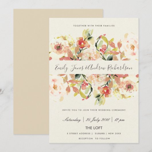 INVITATION MARIAGE FLORAL DE PEACH PEACH ROSE (Devant / Derrière)