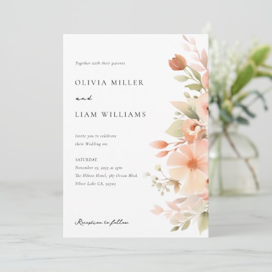 Invitation Mariage floral de Pêche Boho (Debout devant)