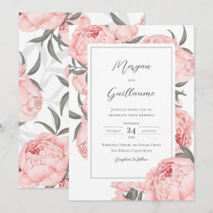 Invitation Mariage Floral de Pivoine à l'Aquarelle Rose Blanc