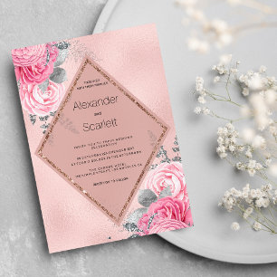 Invitation Mariage floral de pivoine rose poudré et paillette