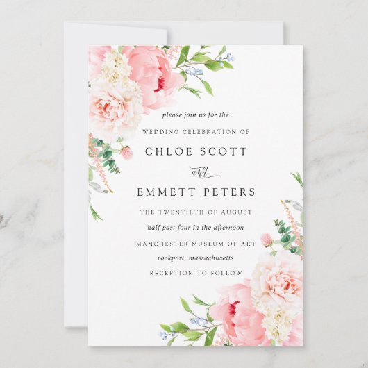 Invitation Mariage floral de pivoine rose romantique (Devant)