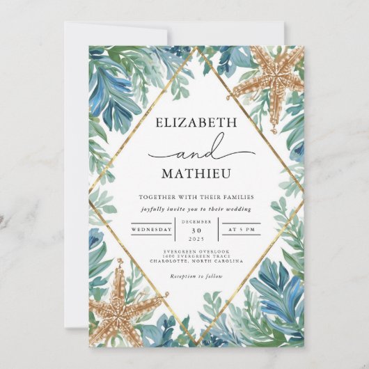 Invitation Mariage floral de poisson étoilé côtier (Devant)