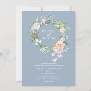 Invitation Mariage floral de roses champêtres bleu poussiéreu