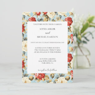 Invitation Mariage Floral de Roses Crème Rouge Bleu Romantiqu