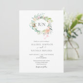 Invitation Mariage Floral de Roses de Feuillage à Monogramme (Debout devant)