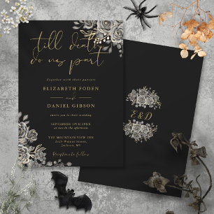 Invitation Mariage floral de roses gothiques noir et or