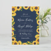 Invitation Mariage floral de tournesol bleu marine (Debout devant)