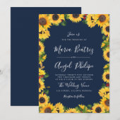 Invitation Mariage floral de tournesol bleu marine (Devant / Derrière)