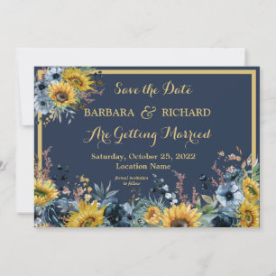 Invitation Mariage floral de tournesol bleu marine Date de sa