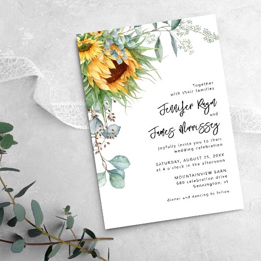 Invitation Mariage floral de tournesol eucalyptus rustique