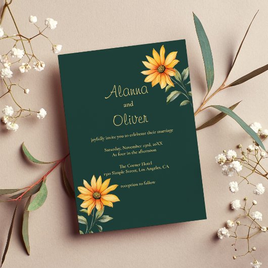Invitation Mariage floral de tournesol or vert orange