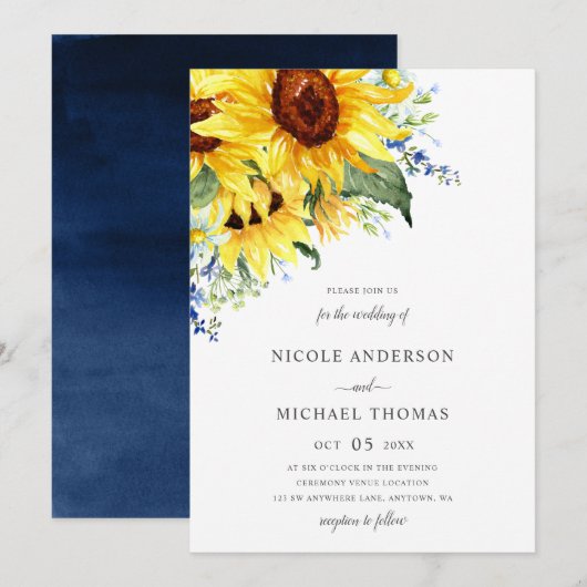 Invitation Mariage floral de tournesols élégants d'aquarelle (Devant / Derrière)