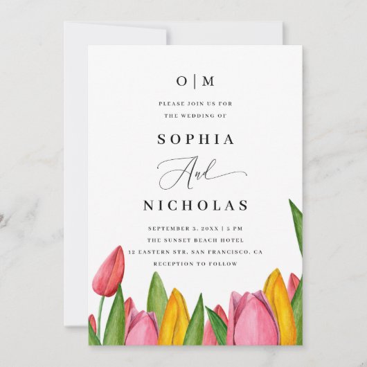 Invitation Mariage Floral de Tulipes de Printemps | Photo & C (Devant)