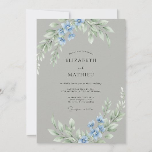 Invitation Mariage Floral Délicat Bleu (Devant)