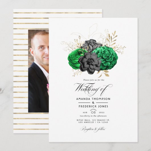 Invitation Mariage floral d'émeraude foncé et or (Devant / Derrière)