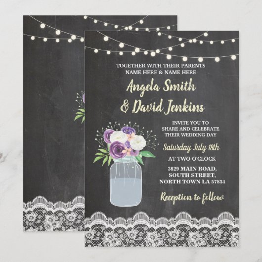 Invitation Mariage floral Dentelle florale Jar Lights Invitat (Devant / Derrière)