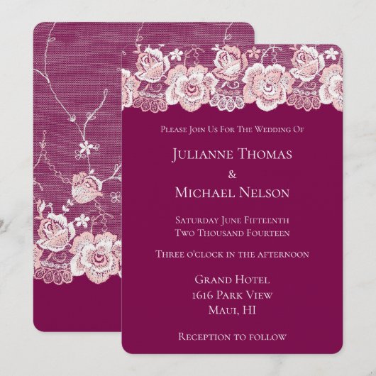 Invitation Mariage floral dentelle rose romantique (Devant / Derrière)