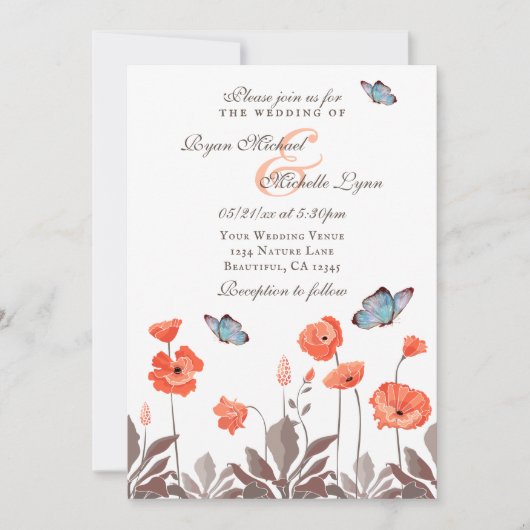 Invitation Mariage floral des papillons orange et des papillo (Devant)