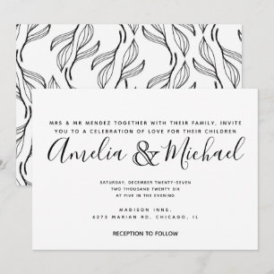 Invitation Mariage floral dessiné à la main avec feuillage et