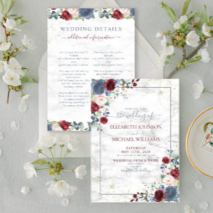 Invitation Mariage Floral Détails Bleu Bourgogne Rose Doré