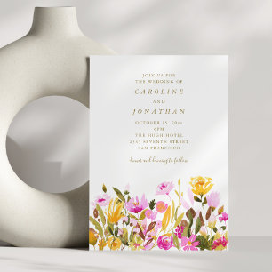 Invitation Mariage Floral d'Été à l'Aquarelle Rose Jaune