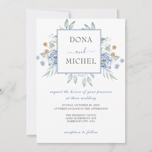 Invitation Mariage Floral d'hiver bleu rustique (Devant)
