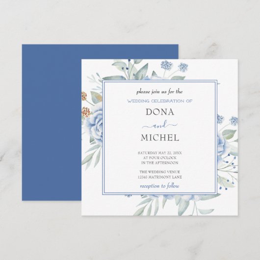 Invitation Mariage Floral d'hiver bleu rustique (Devant / Derrière)
