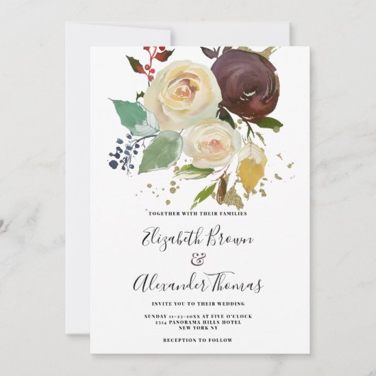 Invitation Mariage floral d'hiver burgundy ivoire menthe or (Devant)