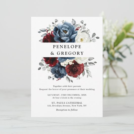 Invitation Mariage floral d'ivoire blanc bleu ardoise (Debout devant)