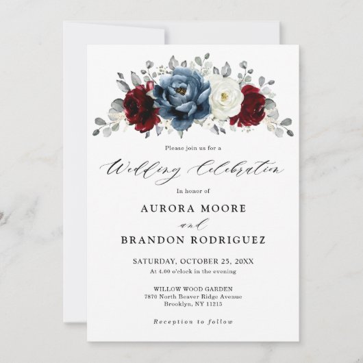 Invitation Mariage floral d'ivoire blanc bleu ardoise (Devant)