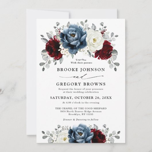 Invitation Mariage floral d'ivoire blanc bleu ardoise (Devant)