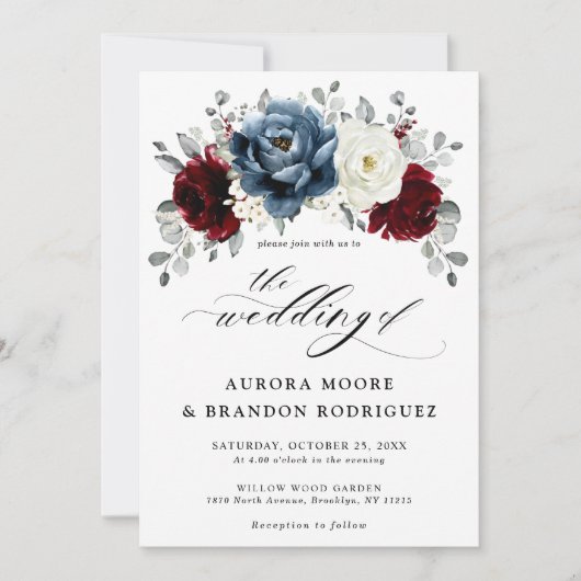 Invitation Mariage floral d'ivoire blanc bleu ardoise (Devant)
