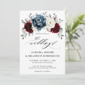 Invitation Mariage floral d'ivoire blanc bleu ardoise (Debout devant)