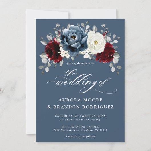 Invitation Mariage Floral d'ivoire blanc bleu ardoise en (Devant)