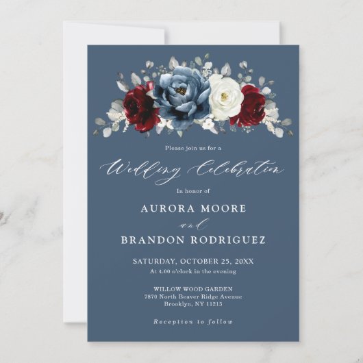 Invitation Mariage Floral d'ivoire blanc bleu ardoise en (Devant)