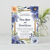 Invitation Mariage floral d'ivoire Elégant bleu marine (Debout devant)