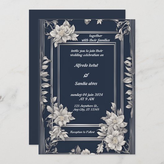 Invitation Mariage floral d'ivoire élégant bleu marine et arg (Devant / Derrière)