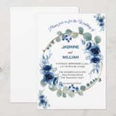 Invitation Mariage floral d'ivoire élégant bleu marine et arg (Devant / Derrière)